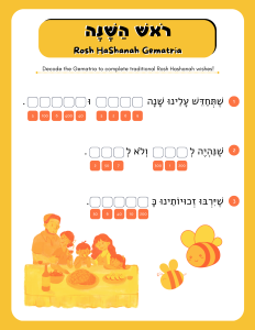 Worksheet for teaching Gematria with Rosh Hashanah themes, featuring activities that connect Hebrew letters to holiday symbols and sayings