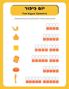 Worksheet for teaching Gematria with Rosh Hashanah themes, featuring activities that connect Hebrew letters to holiday symbols and sayings