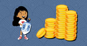 Hanukkah girl with Dreidel and Gelt