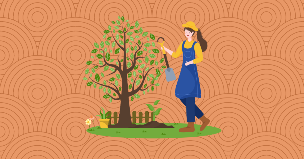 Illustration of a woman holding a shovel while standing next to a lush green tree. Small plants, flowers, and a wooden fence surround the tree, evoking a gardening and agricultural Tu-Bishvat theme.