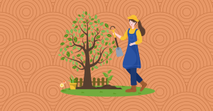 Illustration of a woman holding a shovel while standing next to a lush green tree. Small plants, flowers, and a wooden fence surround the tree, evoking a gardening and agricultural Tu-Bishvat theme.